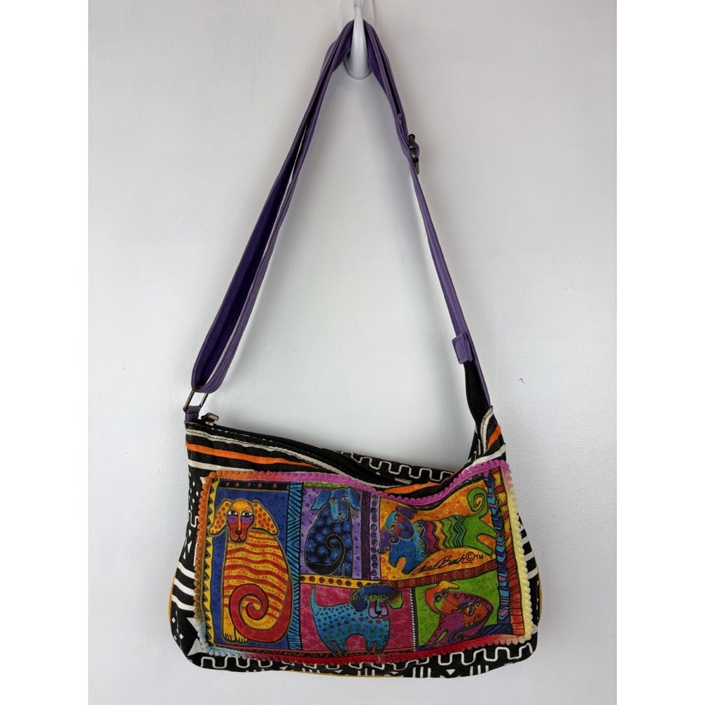 Dog Tails Patchwork Laurel Burch Medium Canvas Purse Tote Cross Body Bag